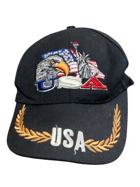 USA Embroidered Black Baseball Cap With Bald Eagle & Statue Of Liberty Design